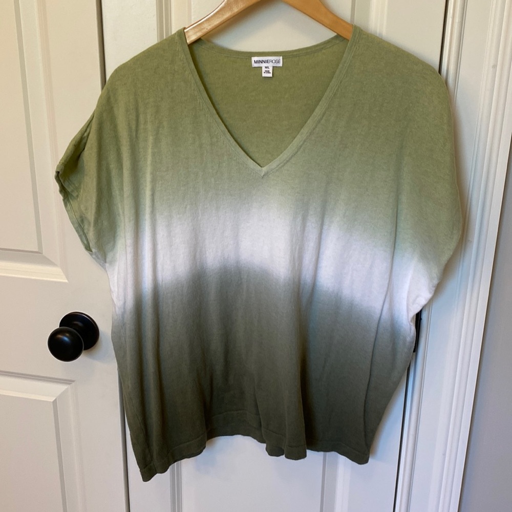 Minnie Rose ombré green white cotton cashmere sweater cap sleeve v neck M L